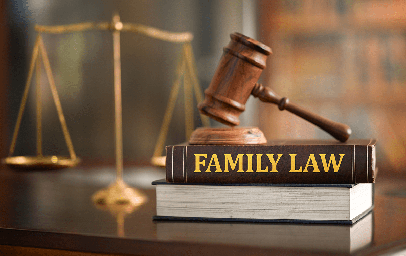 Family law book with gavel