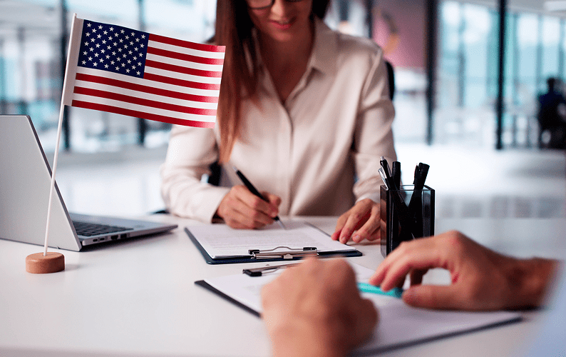 Business meeting with American flag